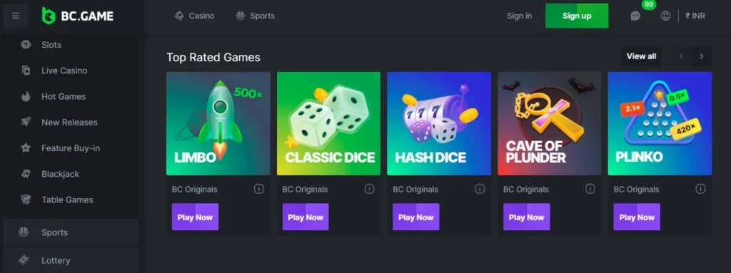 Casino BC Game main page.